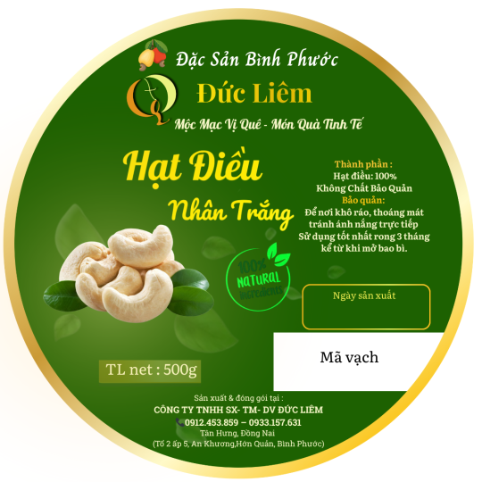 Hạt điều nhân trắng Đức Liêm, hộp tròn 500gr (nhãn xanh Đặc sản Bình Phước)