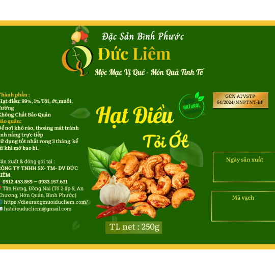 Hạt điều tỏi ớt Đức Liêm, hộp pet 250gr (nhãn xanh Đặc sản Bình Phước)