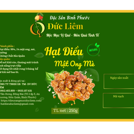 Hạt điều mật ong mè Đức Liêm, hộp pet 250gr (nhãn xanh Đặc sản Bình Phước)