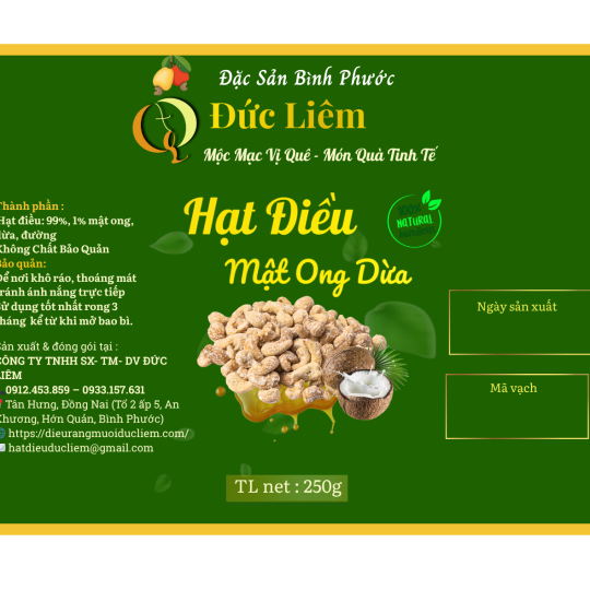 Hạt điều mật ong dừa Đức Liêm, hộp pet 250gr (nhãn xanh Đặc sản Bình Phước)
