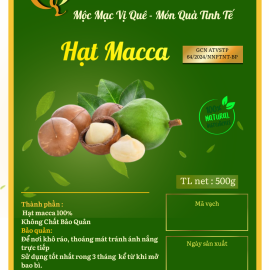 Hạt Macca Đức Liêm, hộp pet 500gr (nhãn xanh Đặc sản Bình Phước)