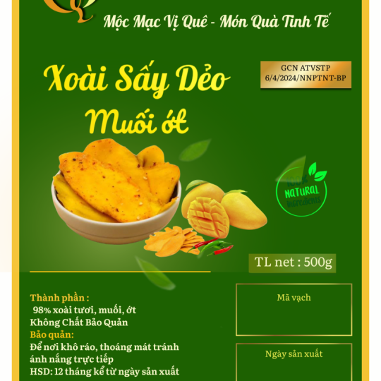 Xoài sấy dẻo muối ớt Đức Liêm, hộp pet 500gr (nhãn xanh Đặc sản Bình Phước)