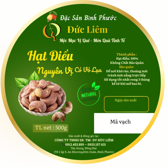 Hạt điều nguyên vị có vỏ lụa Đức Liêm, hộp tròn 500gr (nhãn xanh Đặc sản Bình Phước)