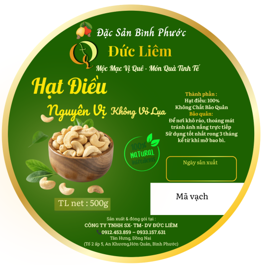 Hạt điều nguyên vị không vỏ lụa Đức Liêm, hộp tròn 500gr (nhãn xanh Đặc sản Bình Phước)